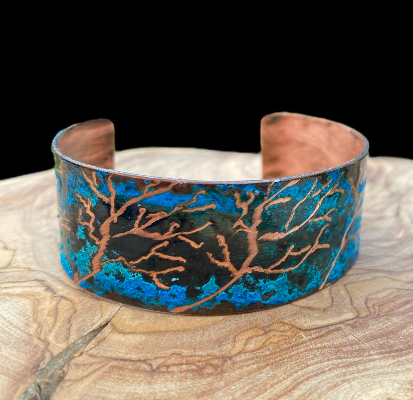 Wide Patina Copper Bracelet “Coral Tree”