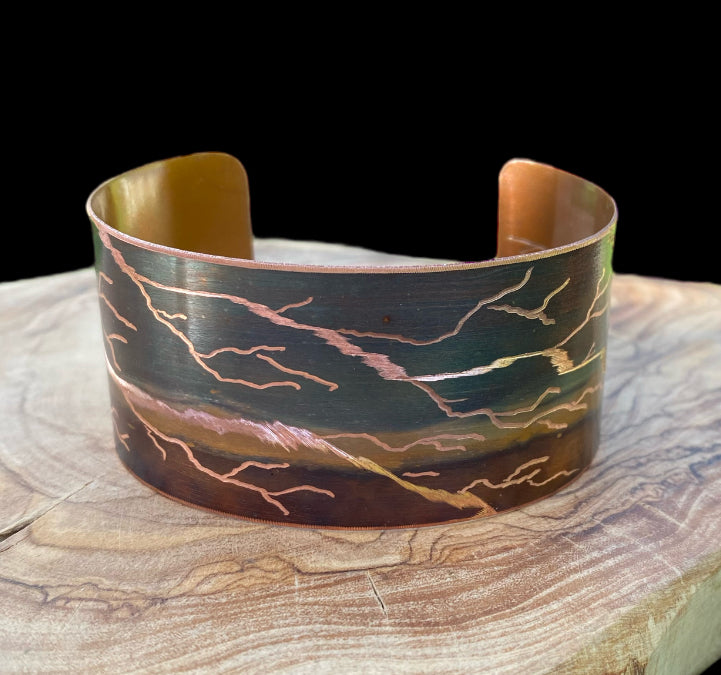 Fire Painted Wide Etched Copper Bracelet