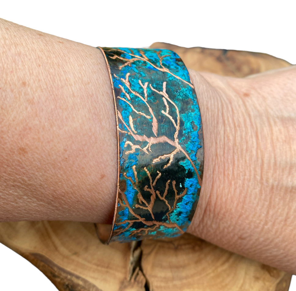 Wide Patina Copper Bracelet “Coral Tree”