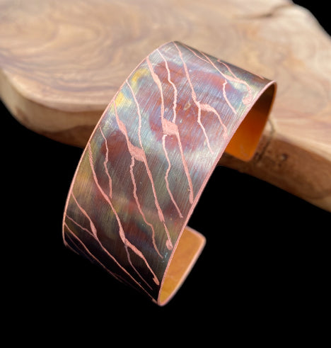 Fire Painted Wide Etched Copper Bracelet