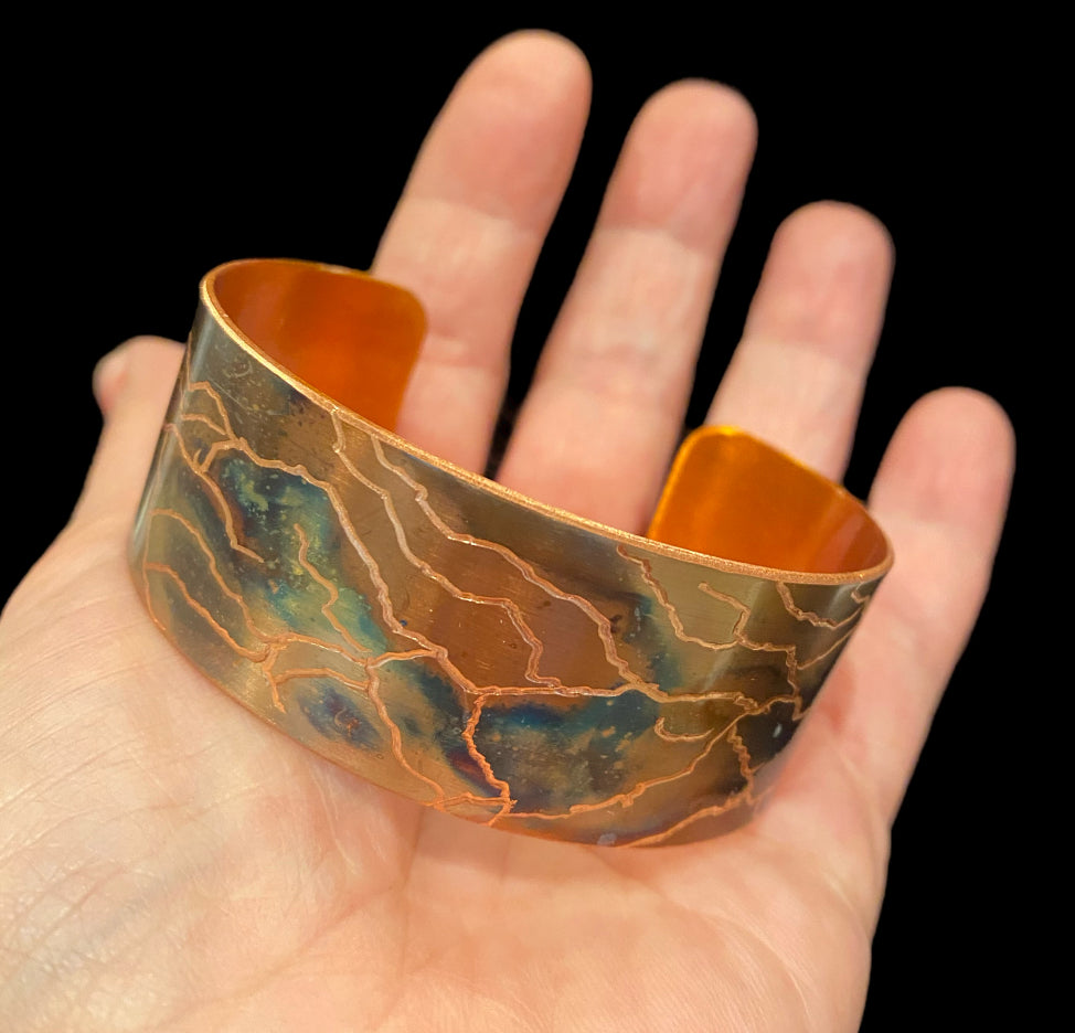 Fire Painted Wide Etched Copper Bracelet