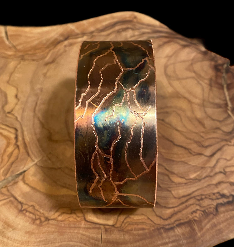 Fire Painted Wide Etched Copper Bracelet