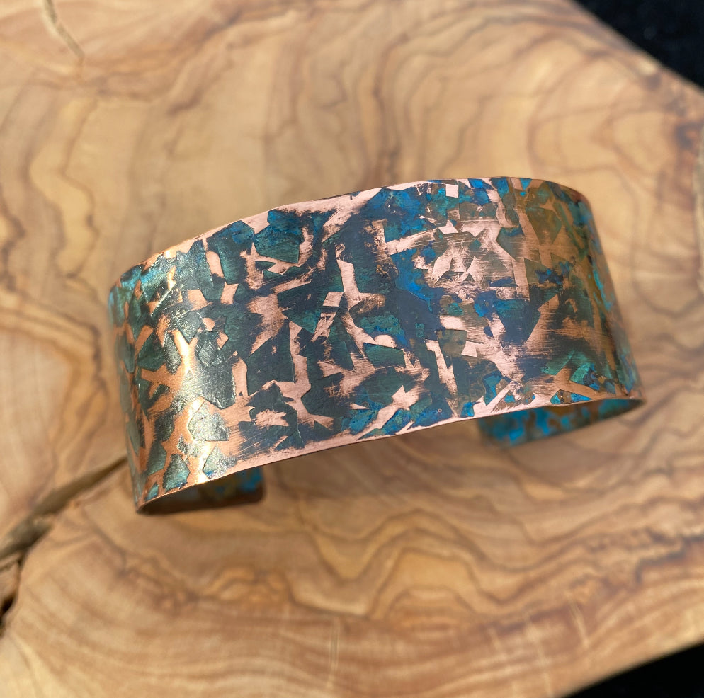Wide Ridged Patina Copper Bracelet
