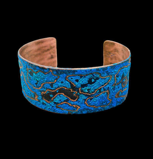 Wide Patina Copper Bracelet “World”