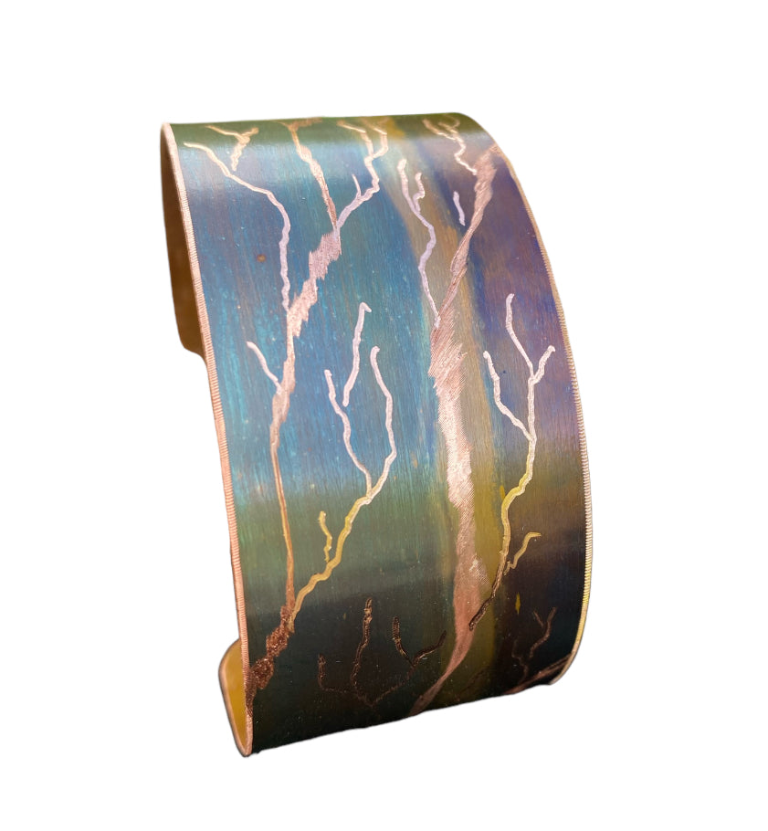 Fire Painted Wide Etched Copper Bracelet
