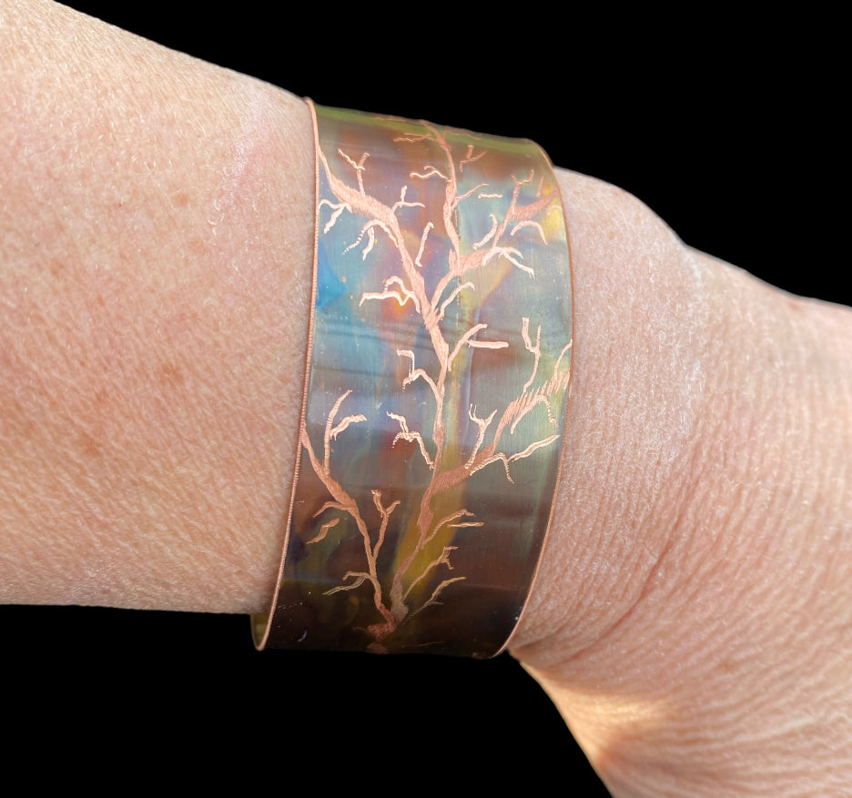 Fire Painted Wide Copper Bracelet “Tree of Life”