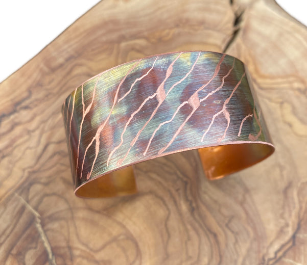 Fire Painted Wide Etched Copper Bracelet