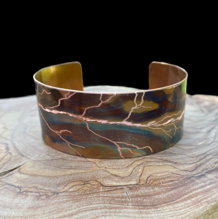 Fire Painted Wide Etched Copper Bracelet