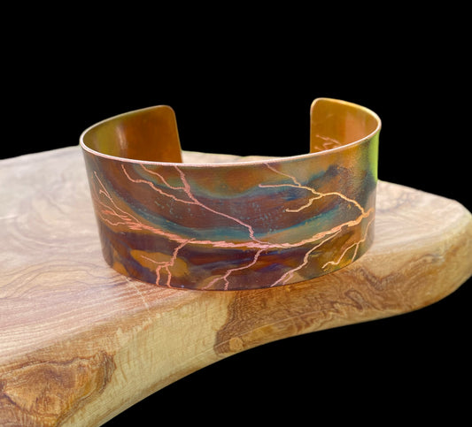 Fire Painted Wide Etched Copper Bracelet