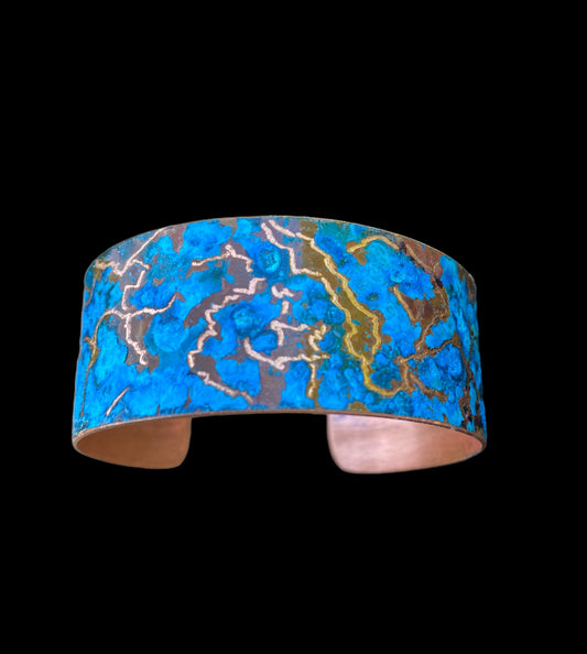 Wide Patina Copper Bracelet “World