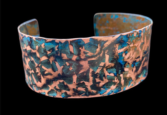 Wide Ridged Patina Copper Bracelet