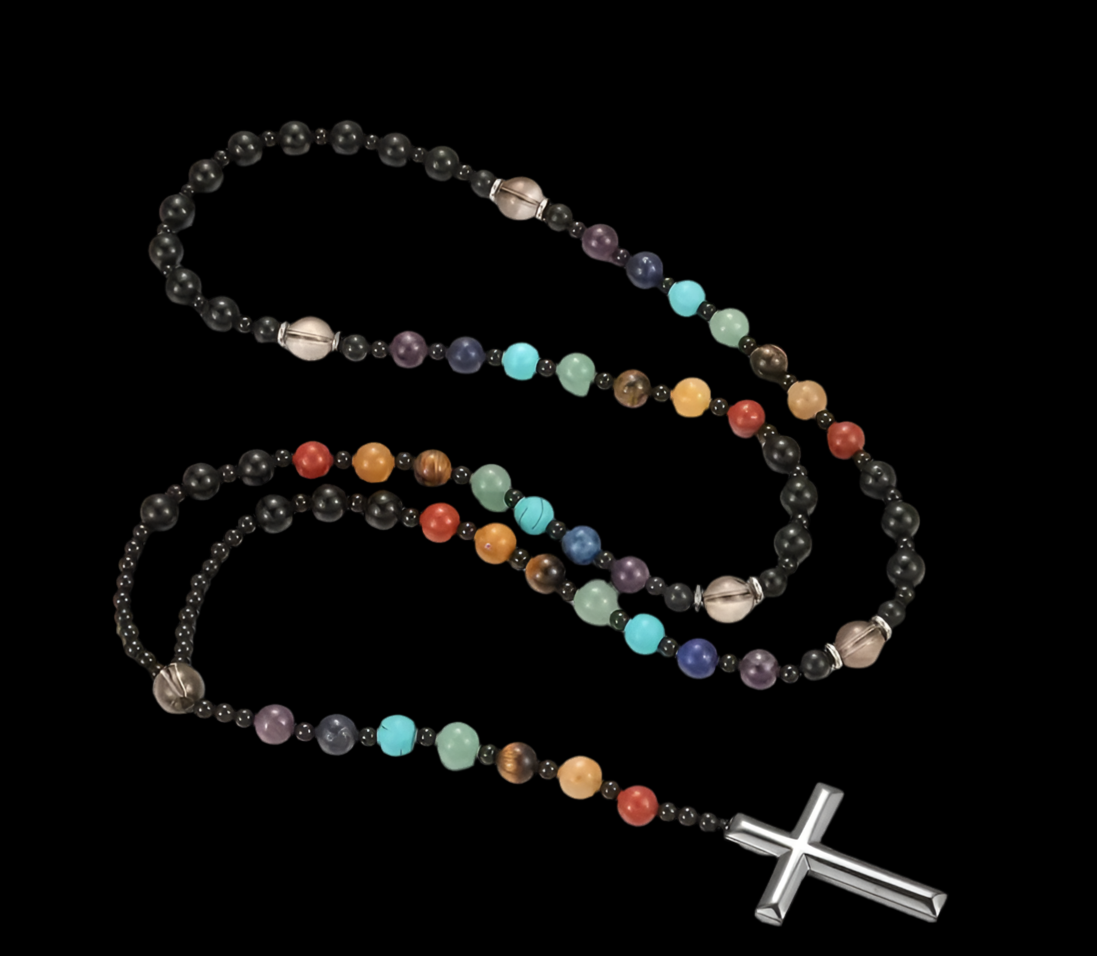 7 Chakra Natural Stone beaded Necklace with Cross