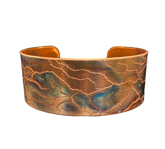 Fire Painted Wide Etched Copper Bracelet