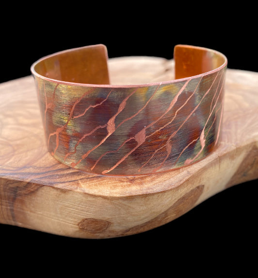 Fire Painted Wide Etched Copper Bracelet