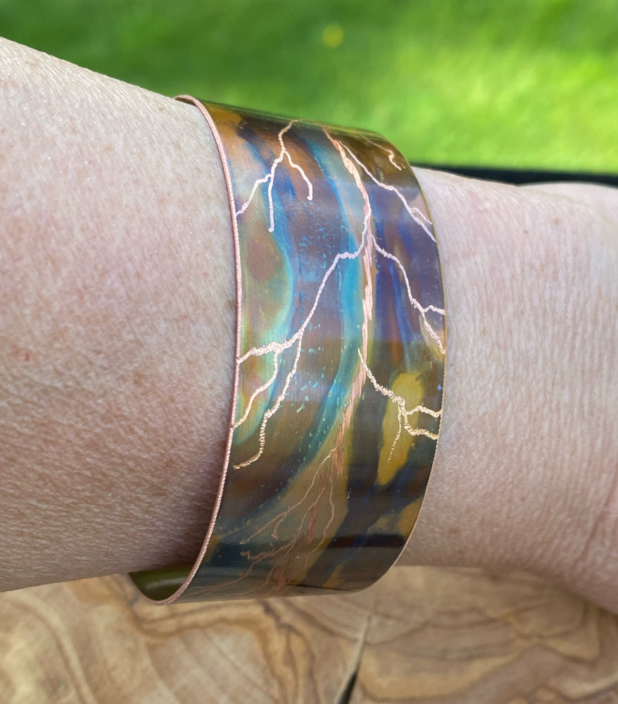 Fire Painted Wide Etched Copper Bracelet