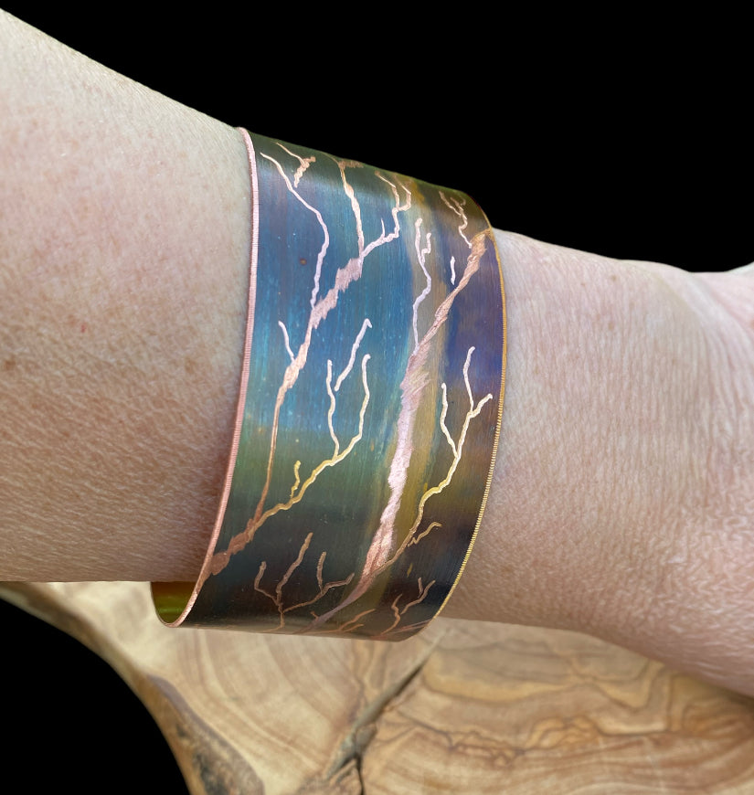 Fire Painted Wide Etched Copper Bracelet