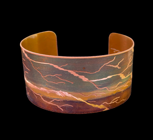 Fire Painted Wide Etched Copper Bracelet